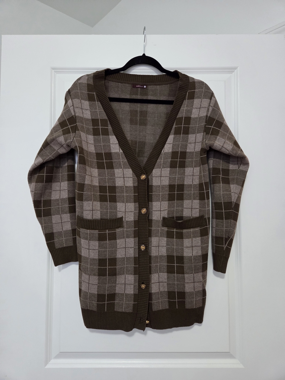 Plaid Long Cardigan Sweater - Brown XS
